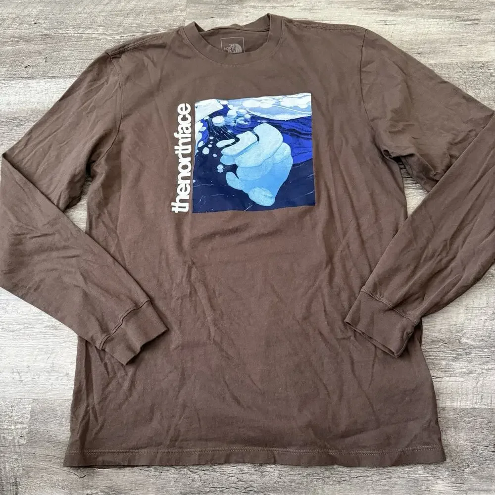The North Face Circular Design T-Shirt Mens Medium Brown Graphic Long Sleeve